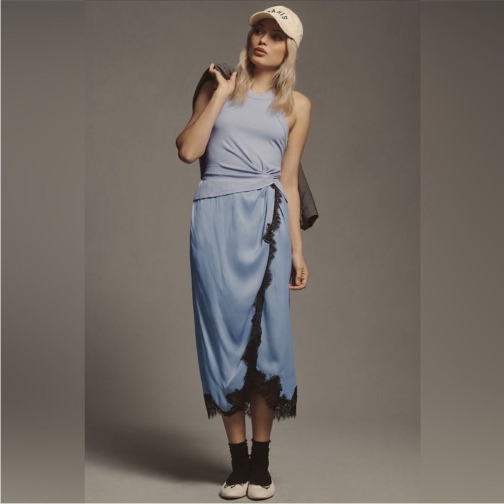 ANTHROPOLOGIE Midi Dress Size M The Keeley Twofer  Sleeveless Light Blue NEW